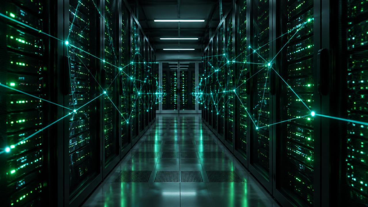 Dark data centre corridor with glowing network connections between server nodes
