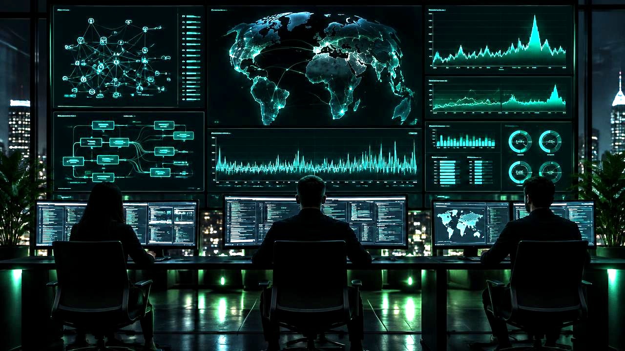 Observability wall showing live agent traces, latency graphs and anomaly spikes