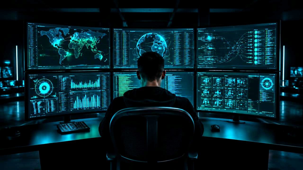 Security analyst reviewing AI cybersecurity threat dashboards in a dark operations centre